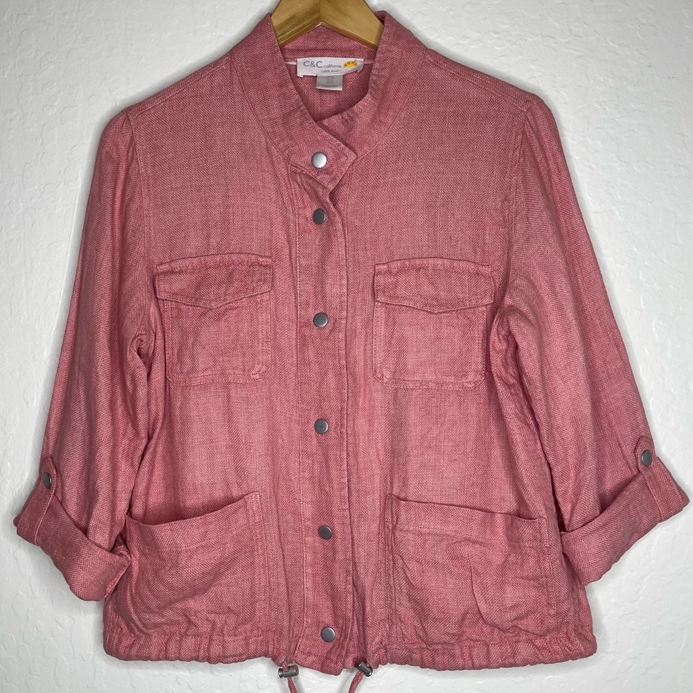 C & C California 100% Linen Utility Jacket Buttons Drawstring Pink Size Small